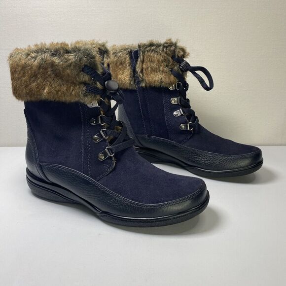 Clarks Shoes - Clarks‎ Leather Suede Faux Fur Kearns Ramsey Navy Blue Boots Size 8